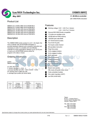 SM8052C25 datasheet - 8 - Bit Micro-controller with 4/8KB ROM embedded