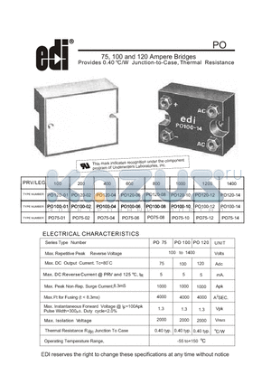 PO75 datasheet - 75, 100 and 120 Ampere Bridges o Provides 0.40 C/W Junction-to-Case, Thermal Resistance