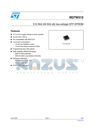 M27W512-100K6 datasheet - 512 Kbit (64 Kbit x8) low-voltage OTP EPROM