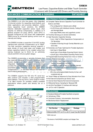 SX8634 datasheet - Low Power, Capacitive Button and Slider Touch Controller with Enhanced LED