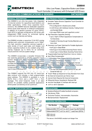 SX8644 datasheet - Ultra Low Power, Capacitive Button and Slider Touch Controller (12 sensors) with Enhanced LED Drivers