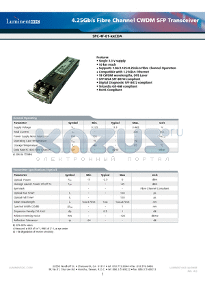 SPC-4F-01-31CDA datasheet - 4.25Gb/s Fibre Channel CWDM SFP Transceiver