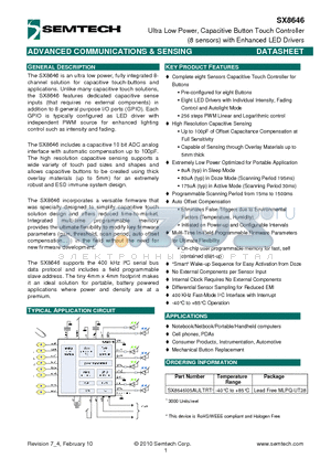 SX8646 datasheet - Ultra Low Power, Capacitive Button Touch Controller (8 sensors) with Enhanced LED Drivers