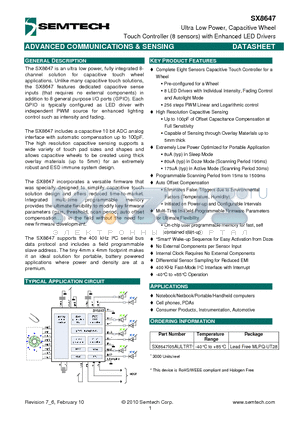 SX8647 datasheet - Ultra Low Power, Capacitive Wheel Touch Controller (8 sensors) with Enhanced LED Drivers