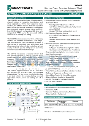 SX8649I05AULTRT datasheet - Ultra Low Power, Capacitive Button and Wheel Touch Controller (8 sensors) with Enhanced LED Drivers