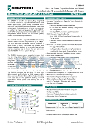 SX8645 datasheet - Ultra Low Power, Capacitive Button and Wheel Touch Controller (12 sensors) with Enhanced LED Drivers