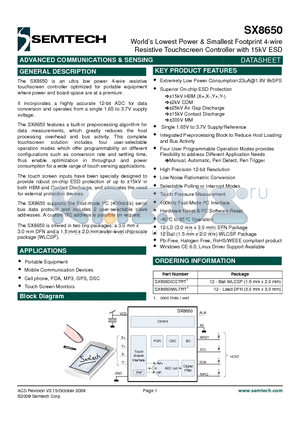 SX8650 datasheet - Worlds Lowest Power & Smallest Footprint 4-wire Resistive Touchscreen Controller with 15kV ESD