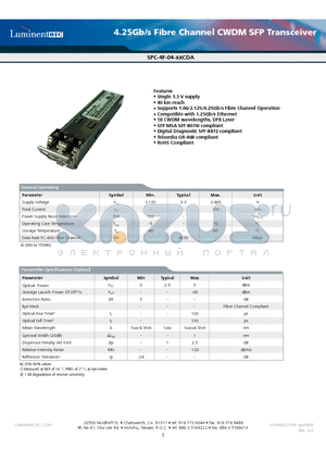 SPC-4F-04-29CDA datasheet - 4.25Gb/s Fibre Channel CWDM SFP Transceiver