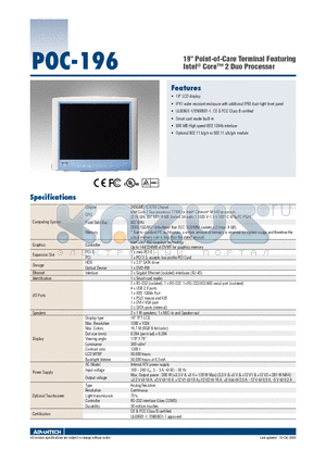 POC-196-D1A-ATE datasheet - 19 Point-of-Care Terminal Featuring Intel^ Core 2 Duo Processor