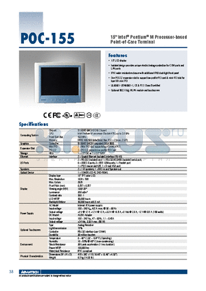 POC-155CB-PTE datasheet - 15 Intel^ Pentium^ M Processor based Point-of-Care Terminal