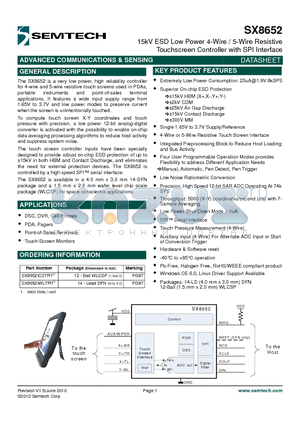 SX8652 datasheet - 15kV ESD Low Power 4-Wire