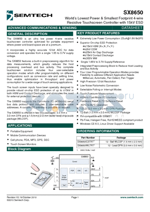 SX8650IWLTRT1 datasheet - Worlds Lowest Power & Smallest Footprint 4-wire Resistive Touchscreen Controller with 15kV ESD