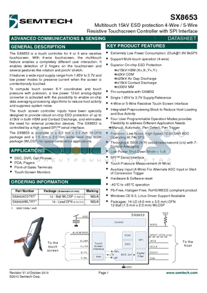 SX8653ICSTRT1 datasheet - Multitouch 15kV ESD protection 4-Wire / 5-Wire Resistive Touchscreen Controller with SPI Interface