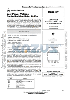 MC12147 datasheet - Low Power Voltage Controlled Oscillator Buffer