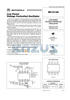 MC12148 datasheet - LOW POWER VOLTAGE CONTROLLED OSCILLATOR