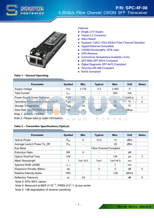 SPC-4F-08 datasheet - 4.25Gb/s Fibre Channel CWDM SFP Transceiver