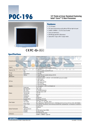 POC-196 datasheet - 19 Point-of-Care Terminal Featuring Intel^ Core 2 Duo Processor