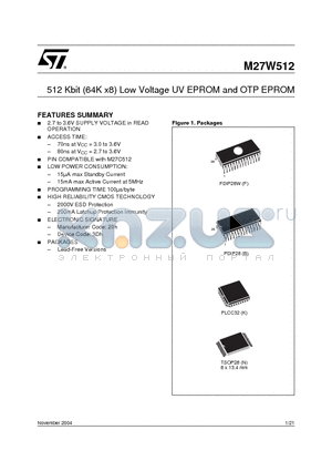 M27W512-80B6F datasheet - 512 Kbit (64K x8) Low Voltage UV EPROM and OTP EPROM