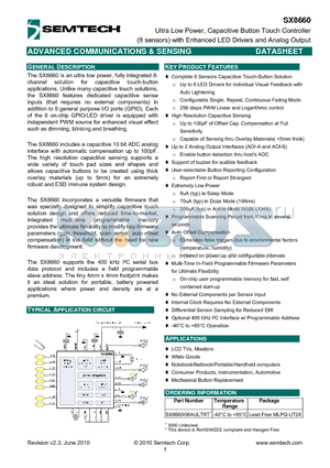 SX8660 datasheet - Ultra Low Power, Capacitive Button Touch Controller (8 sensors) with Enhanced LED Drivers and Analog Output