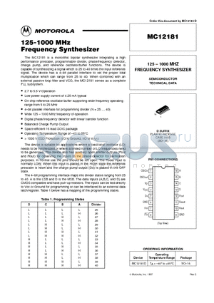MC12181D datasheet - 125 - 1000 MHZ FREQUENCY SYNTHESIZER