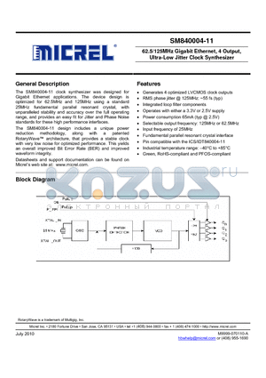 SM840004-11 datasheet - 62.5/125MHz Gigabit Ethernet, 4 Output, Ultra-Low Jitter Clock Synthesizer