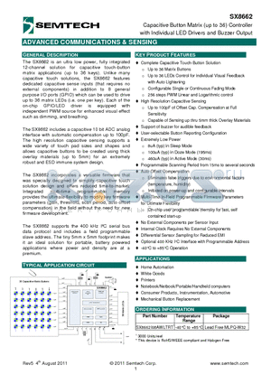 SX8662 datasheet - Capacitive Button Matrix (up to 36) Controller with Individual LED Drivers and Buzzer Output