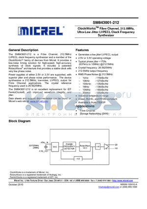 SM843001-212 datasheet - ClockWorks Fibre Channel, 212.5MHz, Ultra-Low Jitter LVPECL Clock Frequency Synthesizer