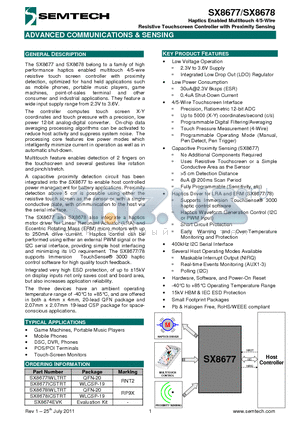 SX8678ICSTRT datasheet - Haptics Enabled Multitouch 4/5-Wire Resistive Touchscreen Controller with Proximity Sensing