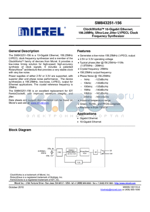 SM843251-156KATR datasheet - ClockWorks 10-Gigabit Ethernet, 156.25MHz, Ultra-Low Jitter LVPECL Clock Frequency Synthesizer