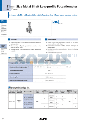 RK117111400C datasheet - 11mm Size Metal Shaft Low-profile Potentiometer