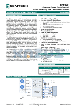 SX9300EVK datasheet - Ultra Low Power, Dual Channel Smart Proximity SAR Compliant Solution
