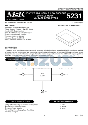 MSK5231H datasheet - POSITIVE ADJUSTABLE, LOW DROPOUT SURFACE MOUNT VOLTAGE REGULATORS