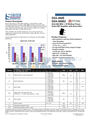 SXA-389B datasheet - 400-2500 MHz l W Medium Power GaAs HBT Amplifier with Active Bias