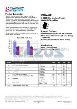 SXA-289 datasheet - 5-2000 MHz Medium Power GaAsHBT Amplifier