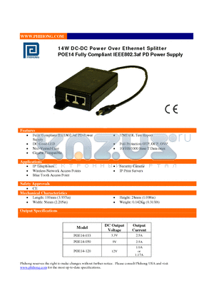 POE14-050 datasheet - 14W DC-DC Power Over Ethernet Splitter