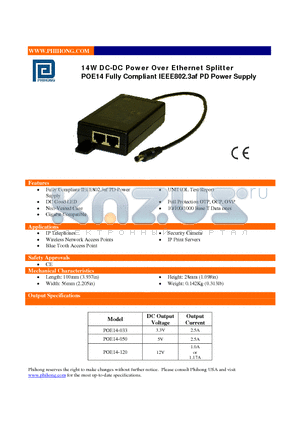 POE14-120 datasheet - 14W DC-DC Power Over Ethernet Splitter