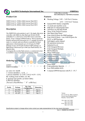 SM89516AC25 datasheet - 8-Bits Micro-controller With 64KB flash & 1KB RAM embedded