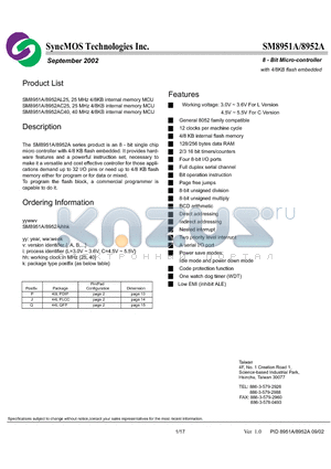 SM8951A datasheet - 8 - Bit Micro-controller with 4/8KB flash embedded