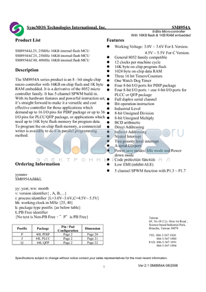 SM8954AC40 datasheet - 8-Bits Micro-controller With 16KB flash & 1KB RAM embedded