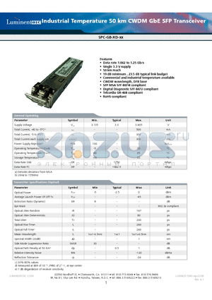 SPC-GB-XD-37CNA datasheet - Industrial Temperature 50 km CWDM GbE SFP Transceiver