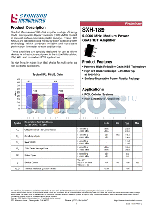 SXH-189 datasheet - 5-2000 MHz Medium Power GaAsHBT Amplifier