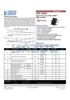 SXE-1089Z datasheet - 0.05-3 GHz, Cascadable pHEMT MMIC Amplifier