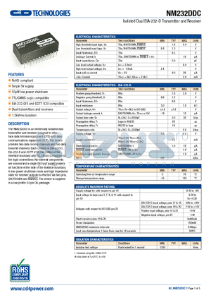 NM232DDC datasheet - Isolated Dual EIA-232-D Transmitter and Receiver