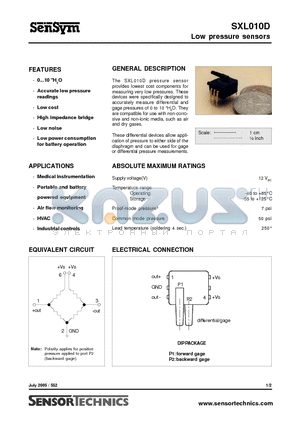 SXL010D datasheet - Low pressure sensors