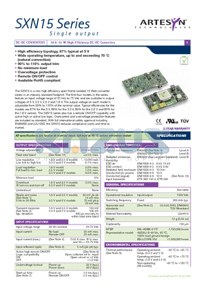 SXN15-48S1V8J datasheet - DC-DC CONVERTERS 10.8-15 W High Efficiency DC-DC Converters