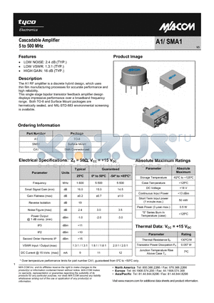 SMA1 datasheet - Cascadable Amplifier 5 to 500 MHz