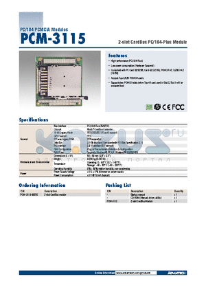 PCM-3115-00B1E datasheet - 2-slot CardBus PC/104-Plus Module
