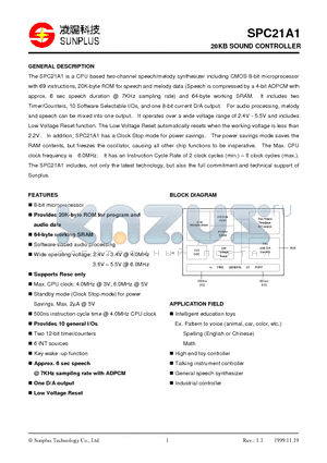 SPC21A1 datasheet - 20KB SOUND CONTROLLER