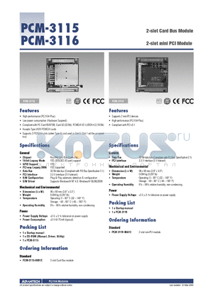 PCM-3116 datasheet - 2-slot Card Bus Module 2-slot mini PCI Module