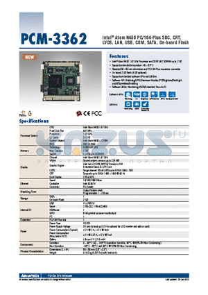 PCM-3362Z2-1GS6A1E datasheet - Intel^ Atom N450 PC/104-Plus SBC, CRT, LVDS, LAN, USB, COM, SATA, On-board Flash